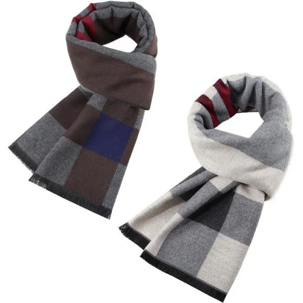 2 Packs Cashmere Feel Scarf Black Grey Lattice Grid Plaid Stripe Soft Warm Scarf